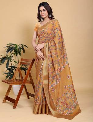 orange colour Ready to wear elegant print linen cotton saree with jacquard border & unstitched blouse 2