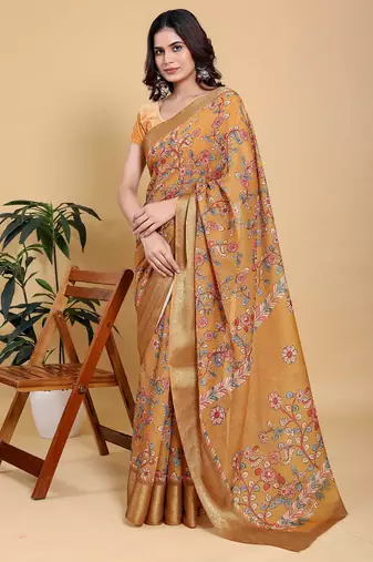 orange colour Ready to wear elegant print linen cotton saree with jacquard border & unstitched blouse