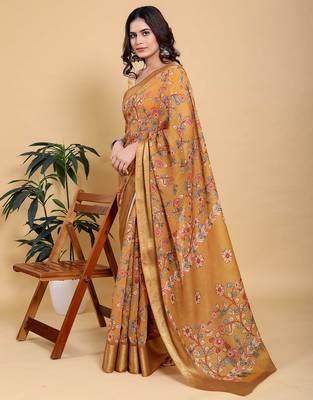orange colour Ready to wear elegant print linen cotton saree with jacquard border & unstitched blouse 3