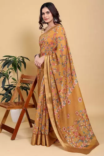 orange colour Ready to wear elegant print linen cotton saree with jacquard border & unstitched blouse