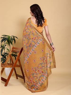 orange colour Ready to wear elegant print linen cotton saree with jacquard border & unstitched blouse 4
