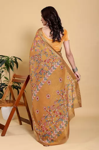 orange colour Ready to wear elegant print linen cotton saree with jacquard border & unstitched blouse