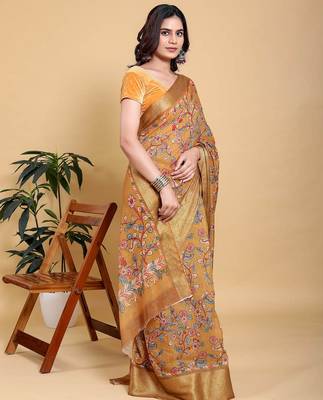 orange colour Ready to wear elegant print linen cotton saree with jacquard border & unstitched blouse 5