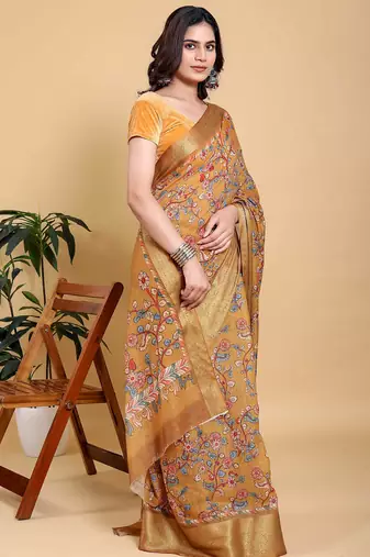 orange colour Ready to wear elegant print linen cotton saree with jacquard border & unstitched blouse