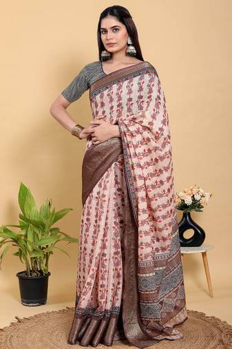 Reay to wear elegant print linen cotton saree with jacquard border & unstitched blouse