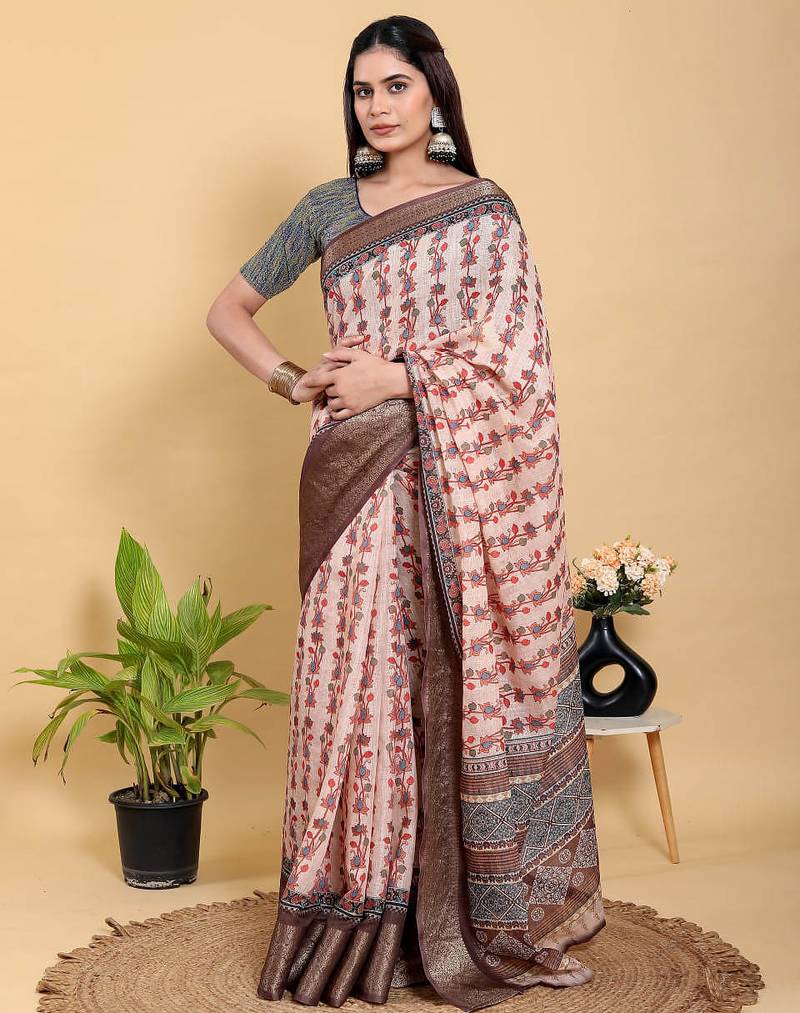 Reay to wear elegant print linen cotton saree with jacquard border & unstitched blouse