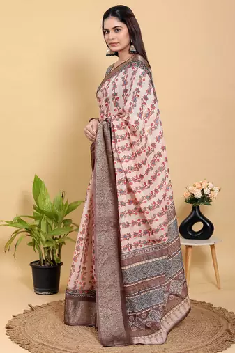 Reay to wear elegant print linen cotton saree with jacquard border & unstitched blouse