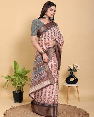 Reay to wear elegant print linen cotton saree with jacquard border & unstitched blouse 3