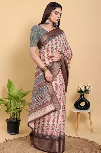 Reay to wear elegant print linen cotton saree with jacquard border & unstitched blouse
