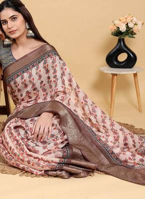 Reay to wear elegant print linen cotton saree with jacquard border & unstitched blouse 4
