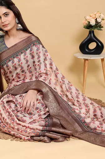 Reay to wear elegant print linen cotton saree with jacquard border & unstitched blouse