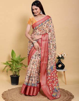 peach colour Ready to wear elegant print linen cotton saree with jacquard border & unstitched blouse 1