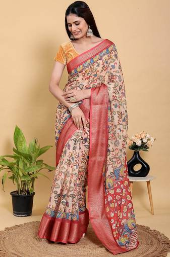 peach colour Ready to wear elegant print linen cotton saree with jacquard border & unstitched blouse