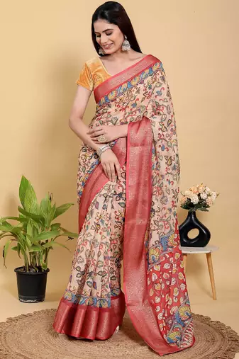 peach colour Ready to wear elegant print linen cotton saree with jacquard border & unstitched blouse