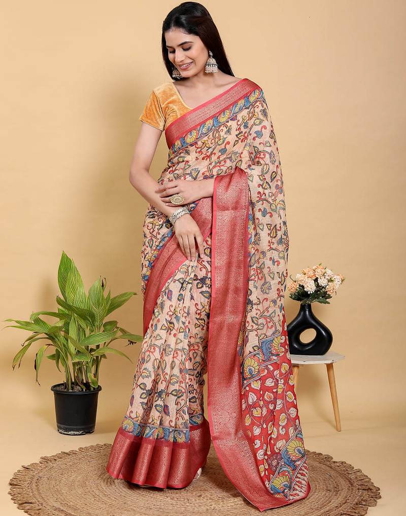 peach colour Ready to wear elegant print linen cotton saree with jacquard border & unstitched blouse
