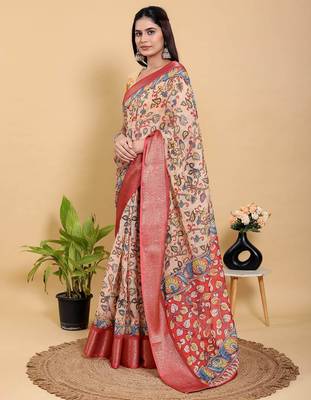 peach colour Ready to wear elegant print linen cotton saree with jacquard border & unstitched blouse 3