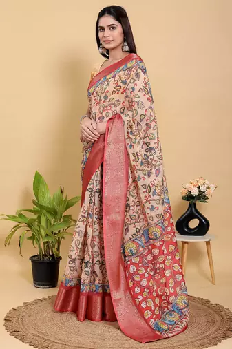 peach colour Ready to wear elegant print linen cotton saree with jacquard border & unstitched blouse