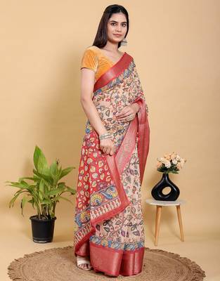 peach colour Ready to wear elegant print linen cotton saree with jacquard border & unstitched blouse 4