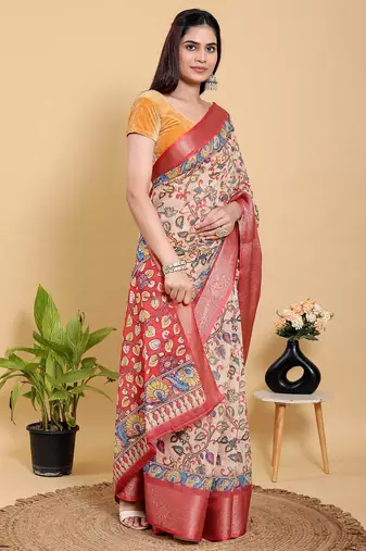 peach colour Ready to wear elegant print linen cotton saree with jacquard border & unstitched blouse
