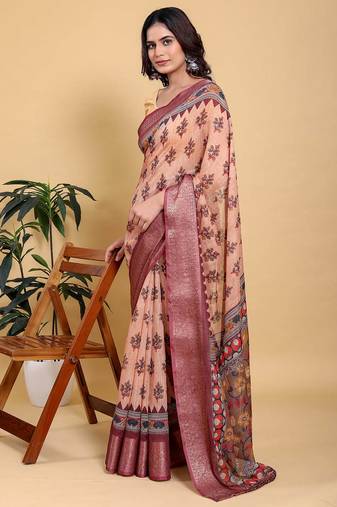 peach colour Ready to wear elegant print linen cotton saree with jacquard border & unstitched blouse