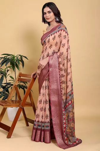 peach colour Ready to wear elegant print linen cotton saree with jacquard border & unstitched blouse