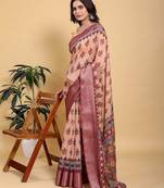peach colour Ready to wear elegant print linen cotton saree with jacquard border & unstitched blouse