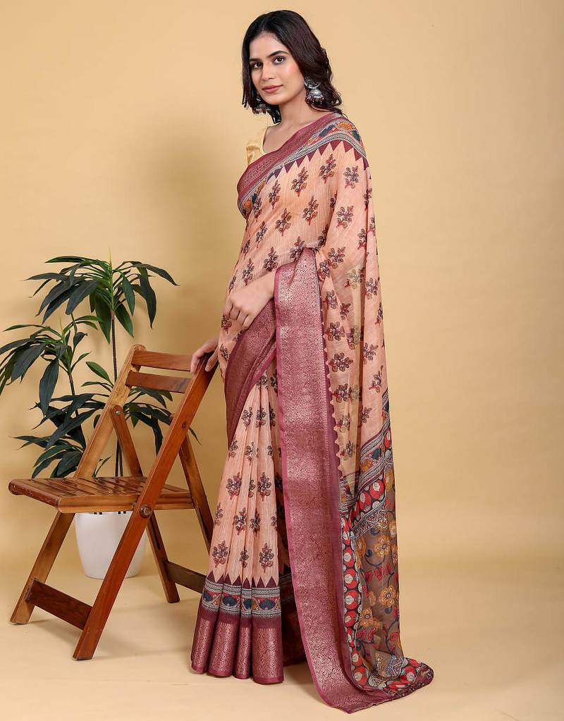 peach colour Ready to wear elegant print linen cotton saree with jacquard border & unstitched blouse