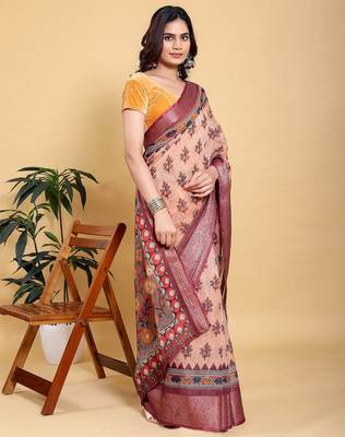 peach colour Ready to wear elegant print linen cotton saree with jacquard border & unstitched blouse 2