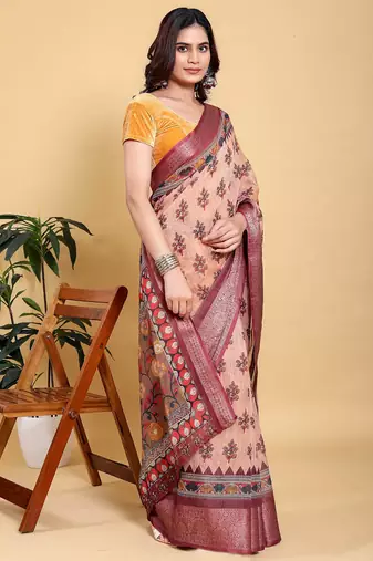 peach colour Ready to wear elegant print linen cotton saree with jacquard border & unstitched blouse