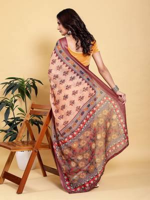 peach colour Ready to wear elegant print linen cotton saree with jacquard border & unstitched blouse 3
