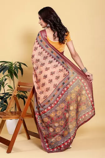 peach colour Ready to wear elegant print linen cotton saree with jacquard border & unstitched blouse