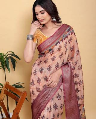 peach colour Ready to wear elegant print linen cotton saree with jacquard border & unstitched blouse 4