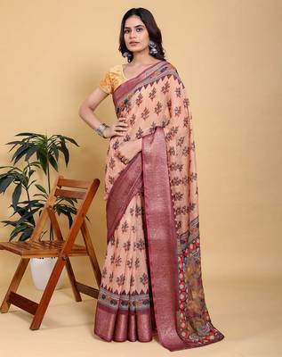 peach colour Ready to wear elegant print linen cotton saree with jacquard border & unstitched blouse 5