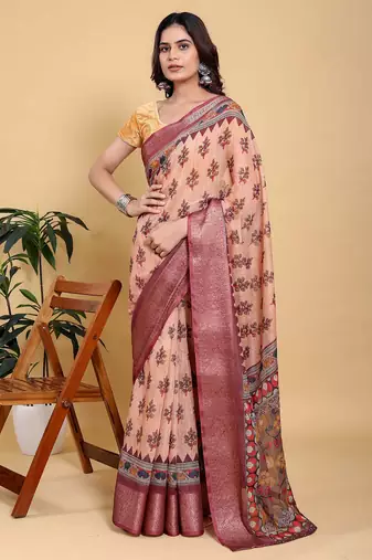 peach colour Ready to wear elegant print linen cotton saree with jacquard border & unstitched blouse