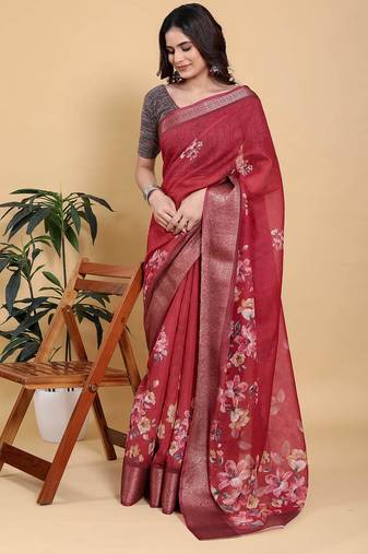 maroon colour Ready to wear elegant print linen cotton saree with jacquard border & unstitched blouse