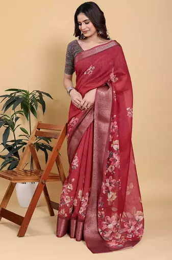 maroon colour Ready to wear elegant print linen cotton saree with jacquard border & unstitched blouse
