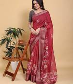 maroon colour Ready to wear elegant print linen cotton saree with jacquard border & unstitched blouse