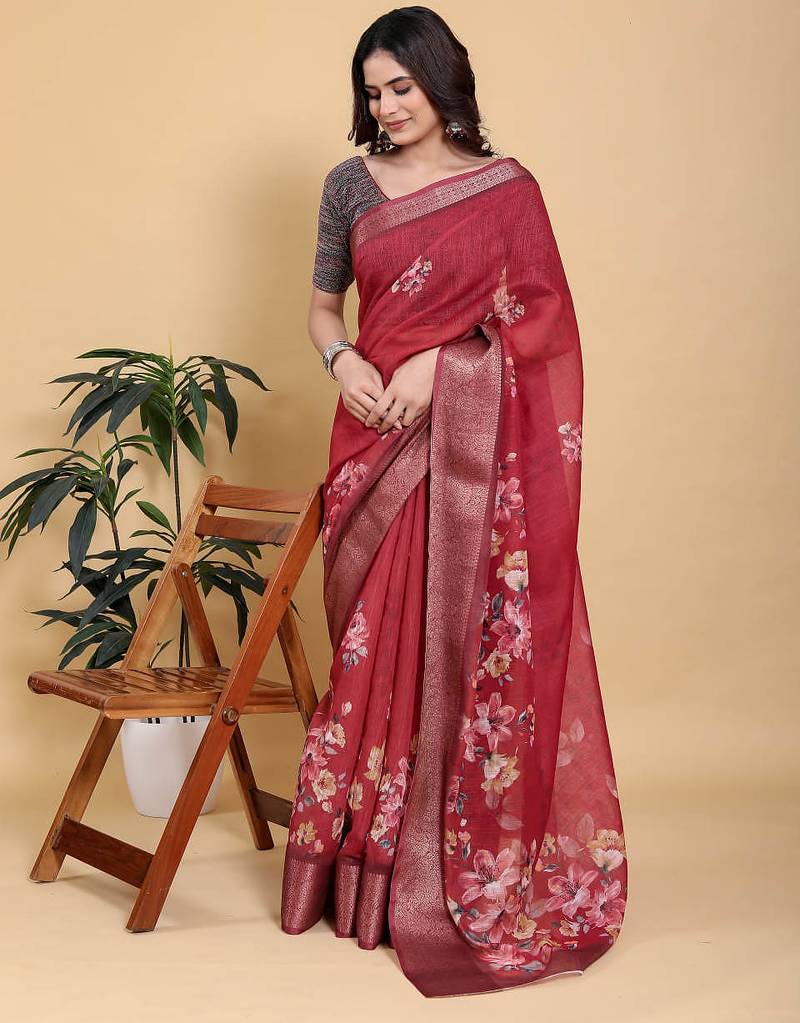 maroon colour Ready to wear elegant print linen cotton saree with jacquard border & unstitched blouse