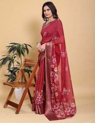maroon colour Ready to wear elegant print linen cotton saree with jacquard border & unstitched blouse 2