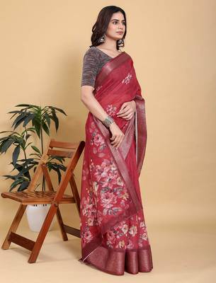 maroon colour Ready to wear elegant print linen cotton saree with jacquard border & unstitched blouse 3