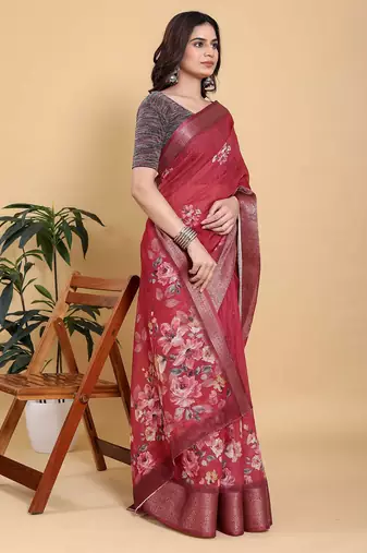 maroon colour Ready to wear elegant print linen cotton saree with jacquard border & unstitched blouse