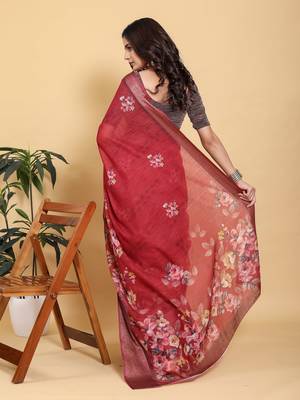 maroon colour Ready to wear elegant print linen cotton saree with jacquard border & unstitched blouse 4