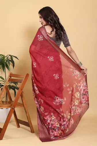 maroon colour Ready to wear elegant print linen cotton saree with jacquard border & unstitched blouse