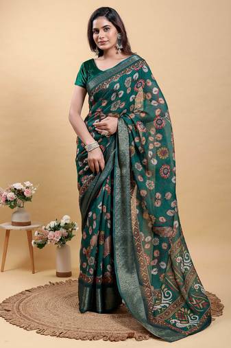olive colour Ready to wear elegant print linen cotton saree with jacquard border & unstitched blouse