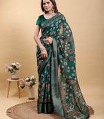 olive colour Ready to wear elegant print linen cotton saree with jacquard border & unstitched blouse