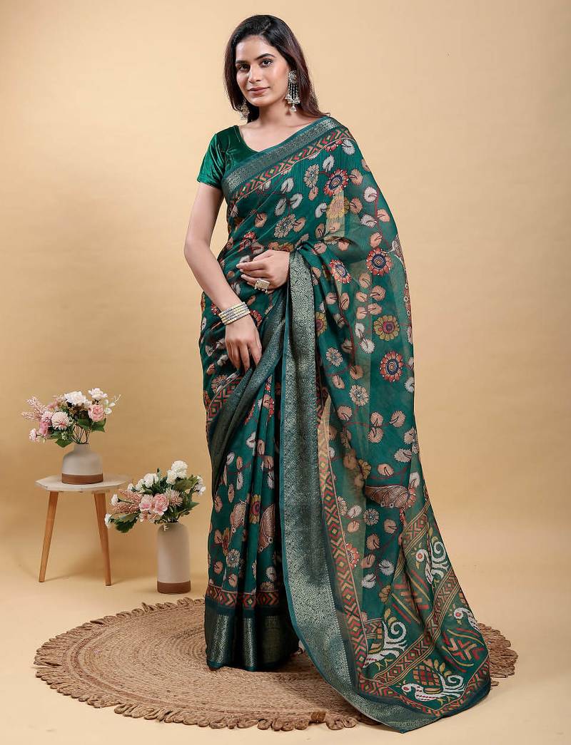 olive colour Ready to wear elegant print linen cotton saree with jacquard border & unstitched blouse