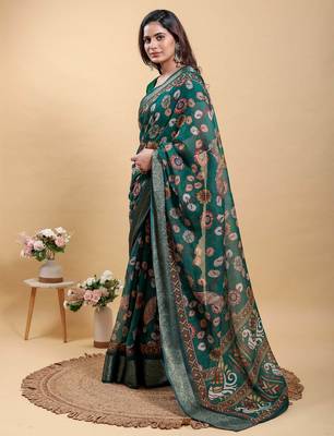 olive colour Ready to wear elegant print linen cotton saree with jacquard border & unstitched blouse 2