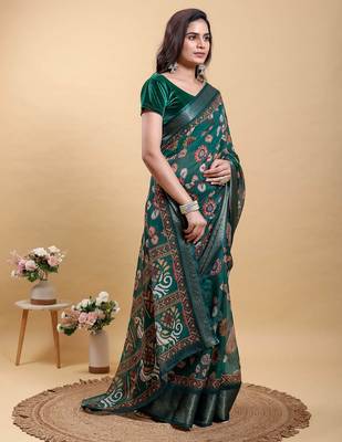 olive colour Ready to wear elegant print linen cotton saree with jacquard border & unstitched blouse 3