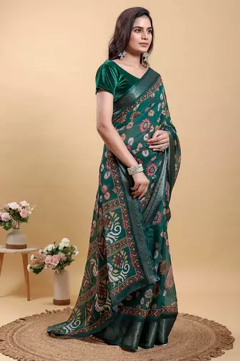 olive colour Ready to wear elegant print linen cotton saree with jacquard border & unstitched blouse