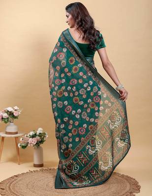 olive colour Ready to wear elegant print linen cotton saree with jacquard border & unstitched blouse 4